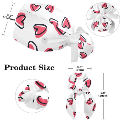 Adjustable Working Cap Pink Hearts Bouffant Hat with Buttons Scrub Hat with Bow Hair Scrunchy for Woman