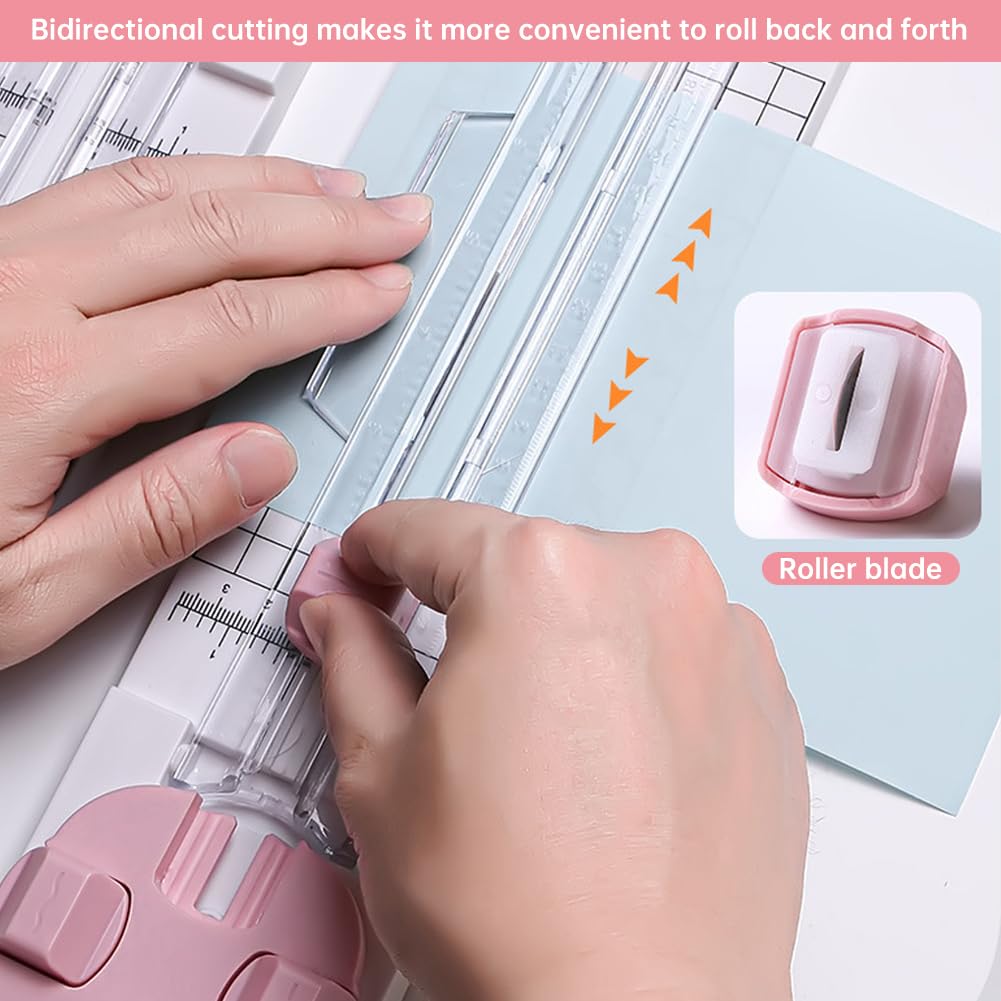 Paper Cutter,4-in-1 Paper Trimmer,Photo Cutter,Multi-Function Scrapbooking Tool with Dial Blades of Straight,Wave,Perforated,Creasing for Cutting Paper,Coupons,Postcards,Card (Pink)