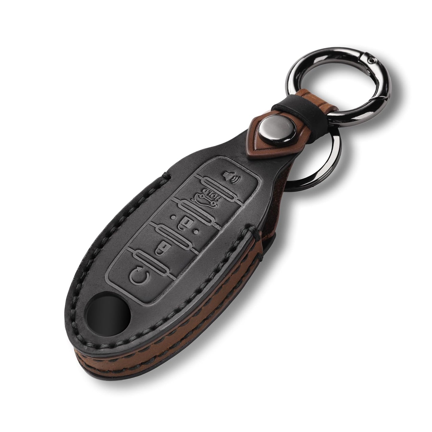 QBUC for Nissan Genuine Leather Key Fob Cover Protective Case with Keychain for Rogue Pathfinder Murano Armada Frontier Sentra Altima Versa Titan Maxima Titan Xterra 5-Buttons(Black Leather)