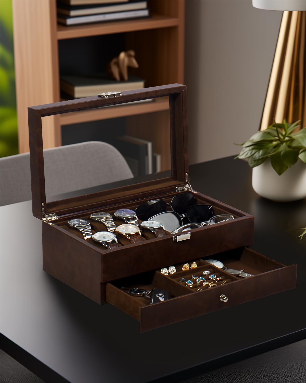 GUKA Watch box, 6 Slot Watch Case, 3 Slot Sunglass Organizer, Watch Cases for men with Real Glass Lid, Watch Organizer storage with Jewelry Case, Birthday for Men and Women,