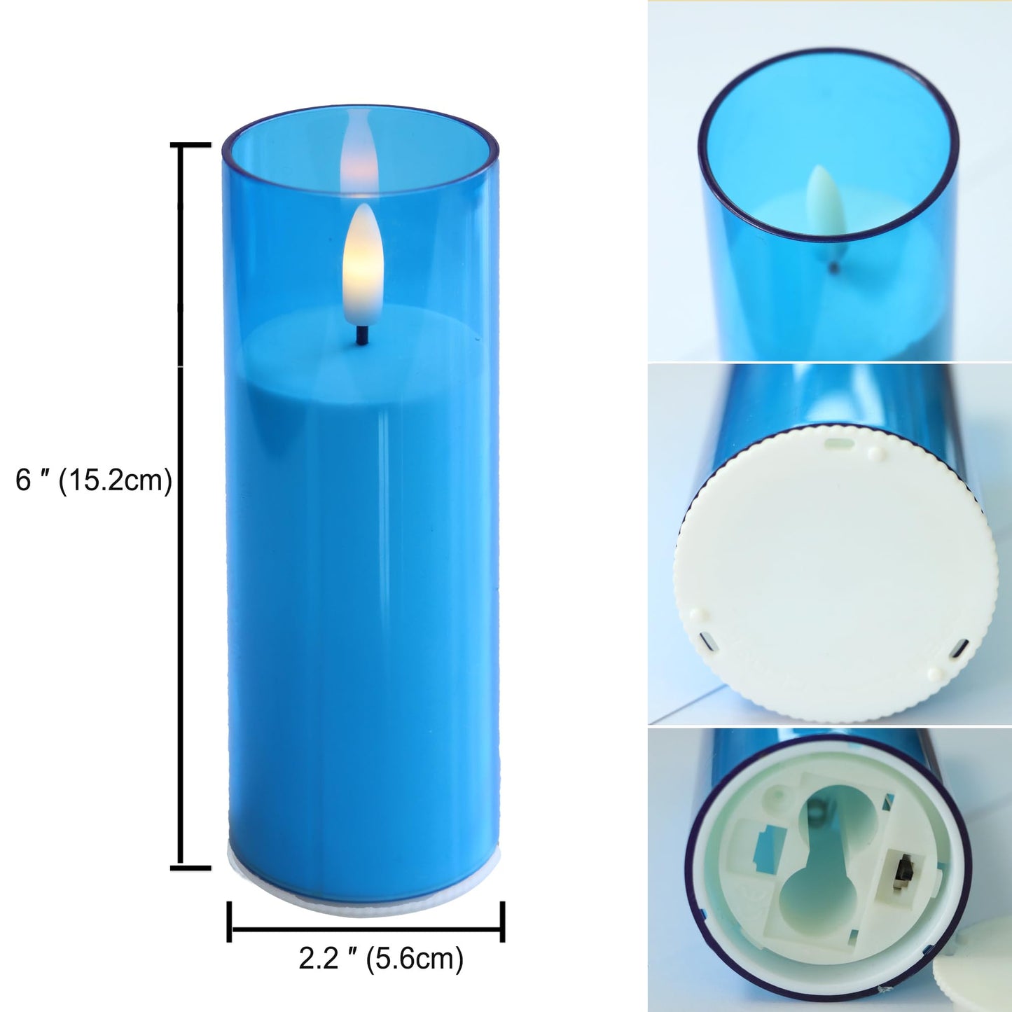 iZAN Flameless Candles with Remote and Timer Plexiglass Shell Battery Operated LED Pillar Candle Lights for Home Wedding Party Halloween Christmas Decorations, Pack of 6, 2”x 6”, Blue