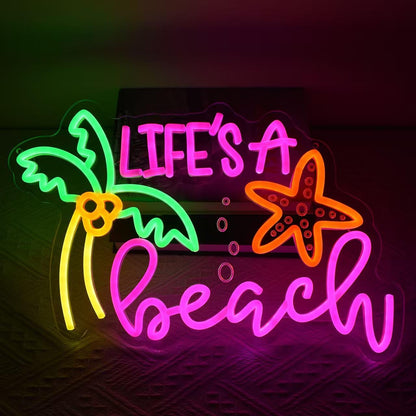 GYCLFNDDONG Life's A Beach Neon Sign Coconut Tree LED Wall Light with Dimmer Switch for Bedroom Home Tiki Bar Decor, Summer Tropical Palm Tree Neon Light for Kids Room Beach Party Gifts