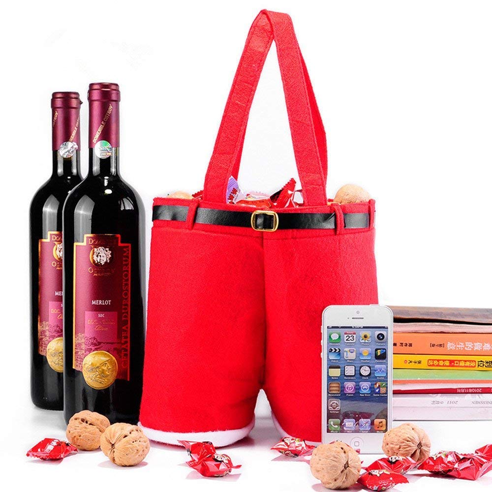 Homecube Large Size Christmas Candy Bag Wine Holders Santa Pants Gift and Treat Bags with Handle Portable Candy Gift Baskets Gift Wrap for Wedding, Pack of 6 (10" L x 15" H)