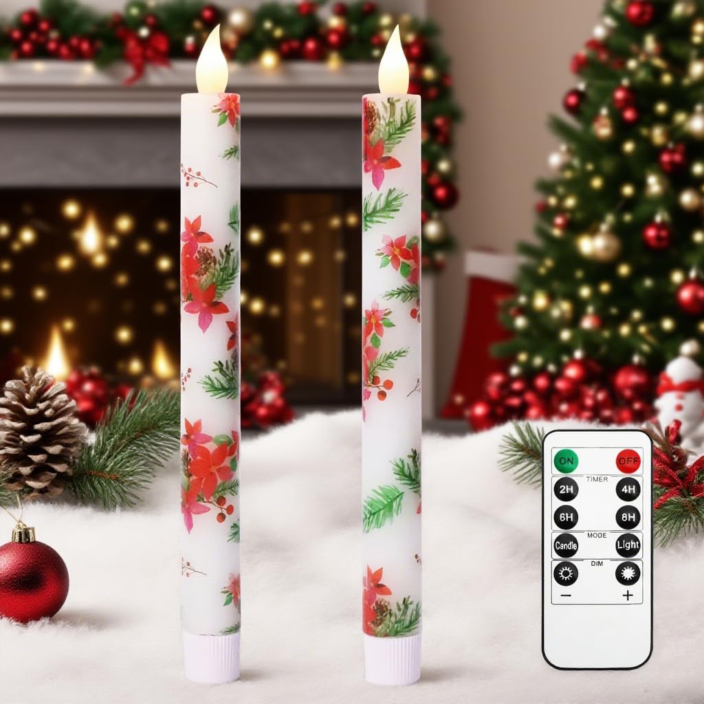 Holitown Christmas Flameless Taper Candles 2 Pack Christmas Poinsettia Flowers Battery Operated Candle with Remote Real Wax Flickering LED Fake Candle Home Decor for Xmas New Year Wedding Party