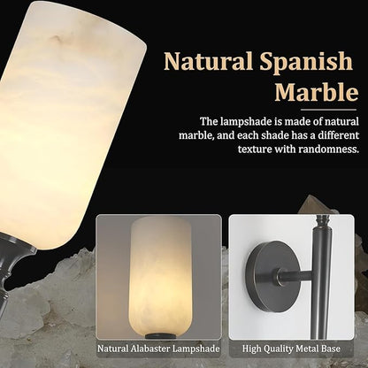 Alabaster Wall Sconce Set of 2, 22in Modern Spanish Natural Marble Bathroom Vanity Sconces, Indoor Black Wall Lighting Fixtures Decor for Bedroom Living Room Staircases
