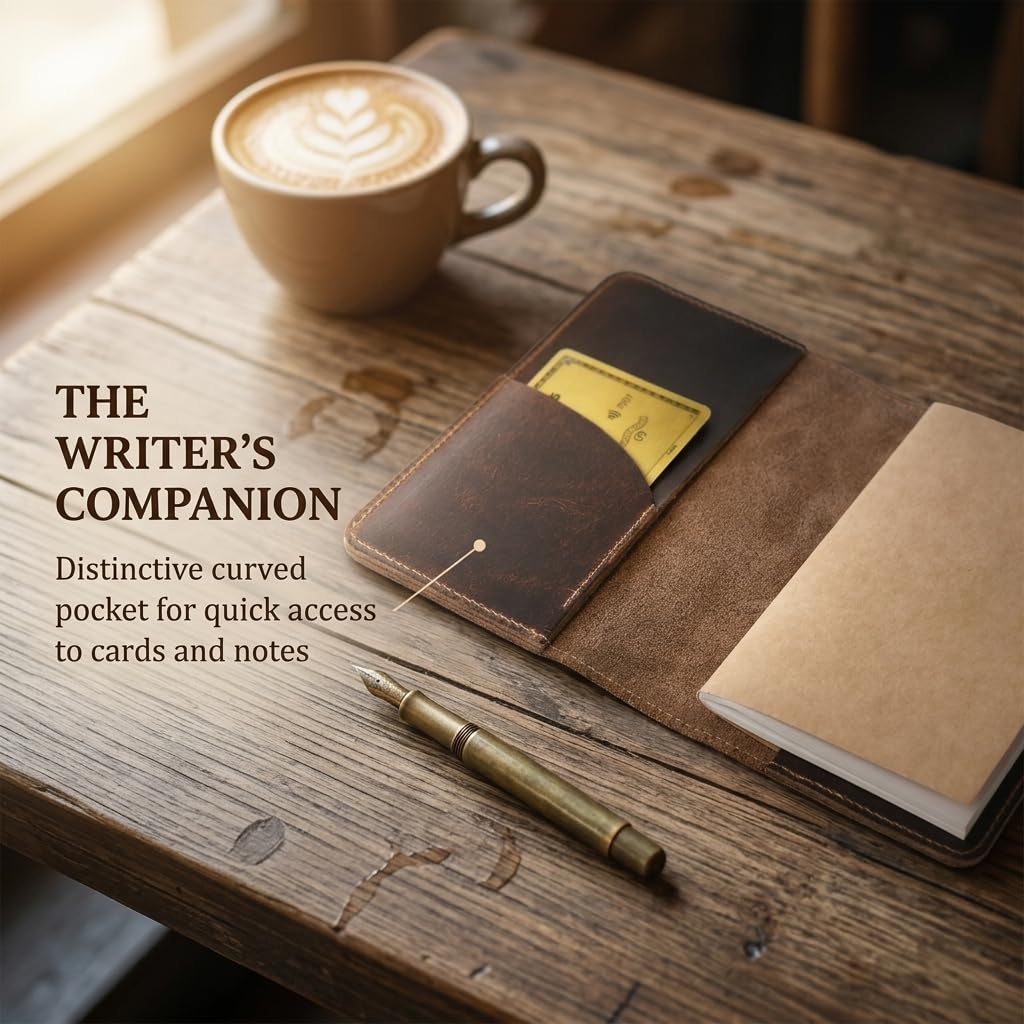 Rustique Leather Field Notes Cover Collection - Refillable Travel Journal & Notebook Organizer with Card Slots - Handmade Full Grain Leather (Curved Pocket Set - Smoky Bourbon)