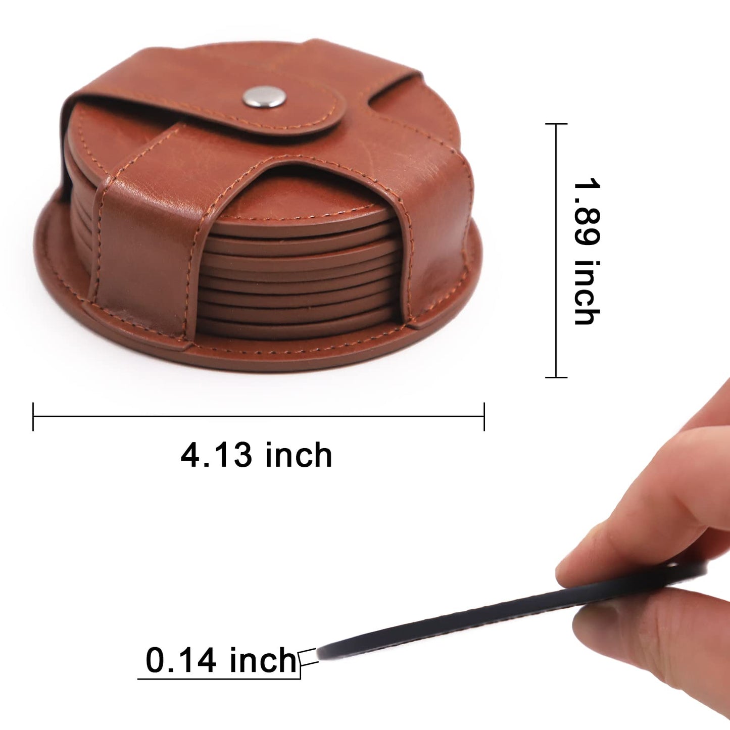 TOSSOW PU Leather Coaster 8 Pcs with Holder, Durable and Non-Slip Coaster for Protection Tabletop, Wooden Table, Desk, Bar, Coasters Fit All Cups (Brown)