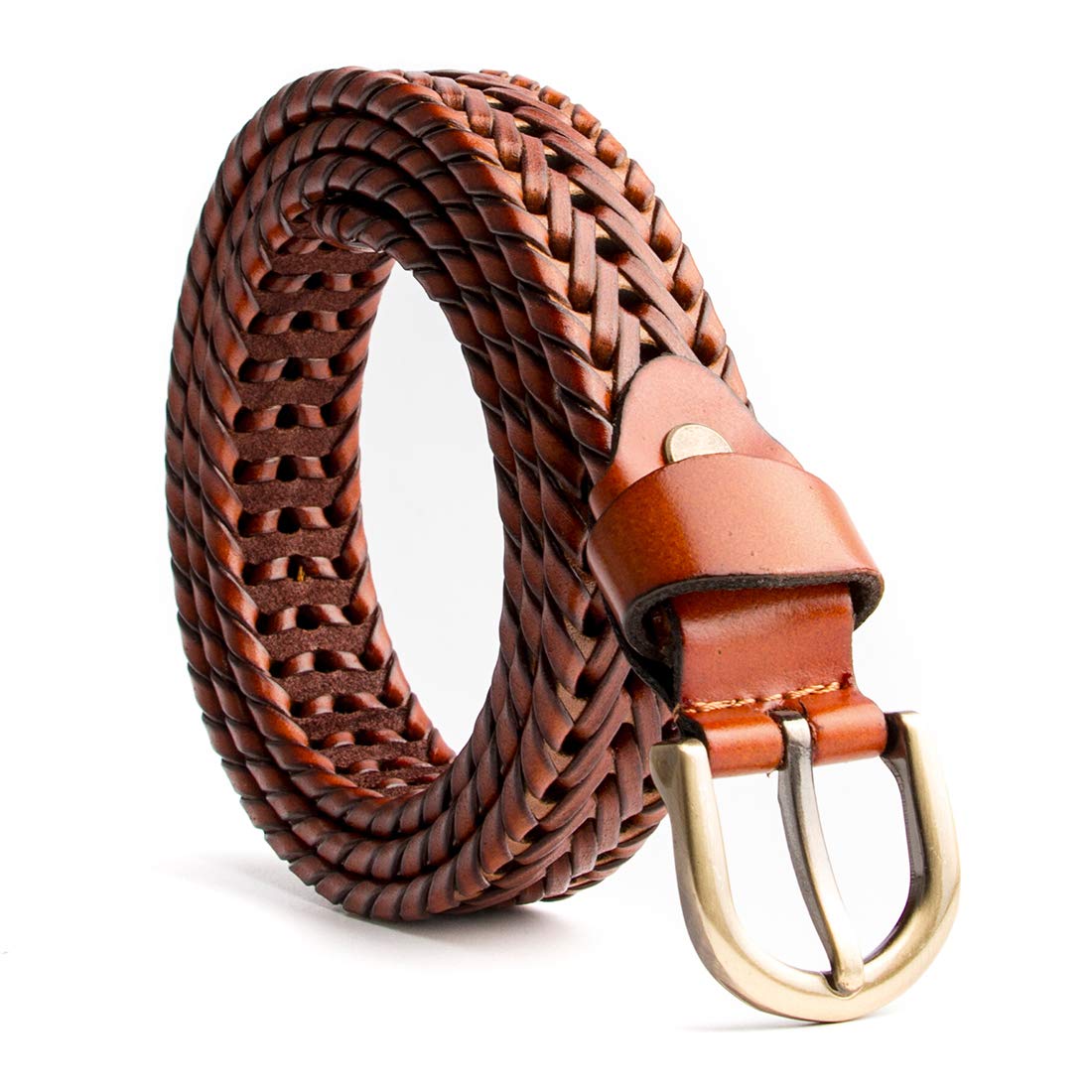 ECHAIN Women Braided Woven Genuine Leather Narrow Belt 25mm Wide (Brown, waist:35-40)
