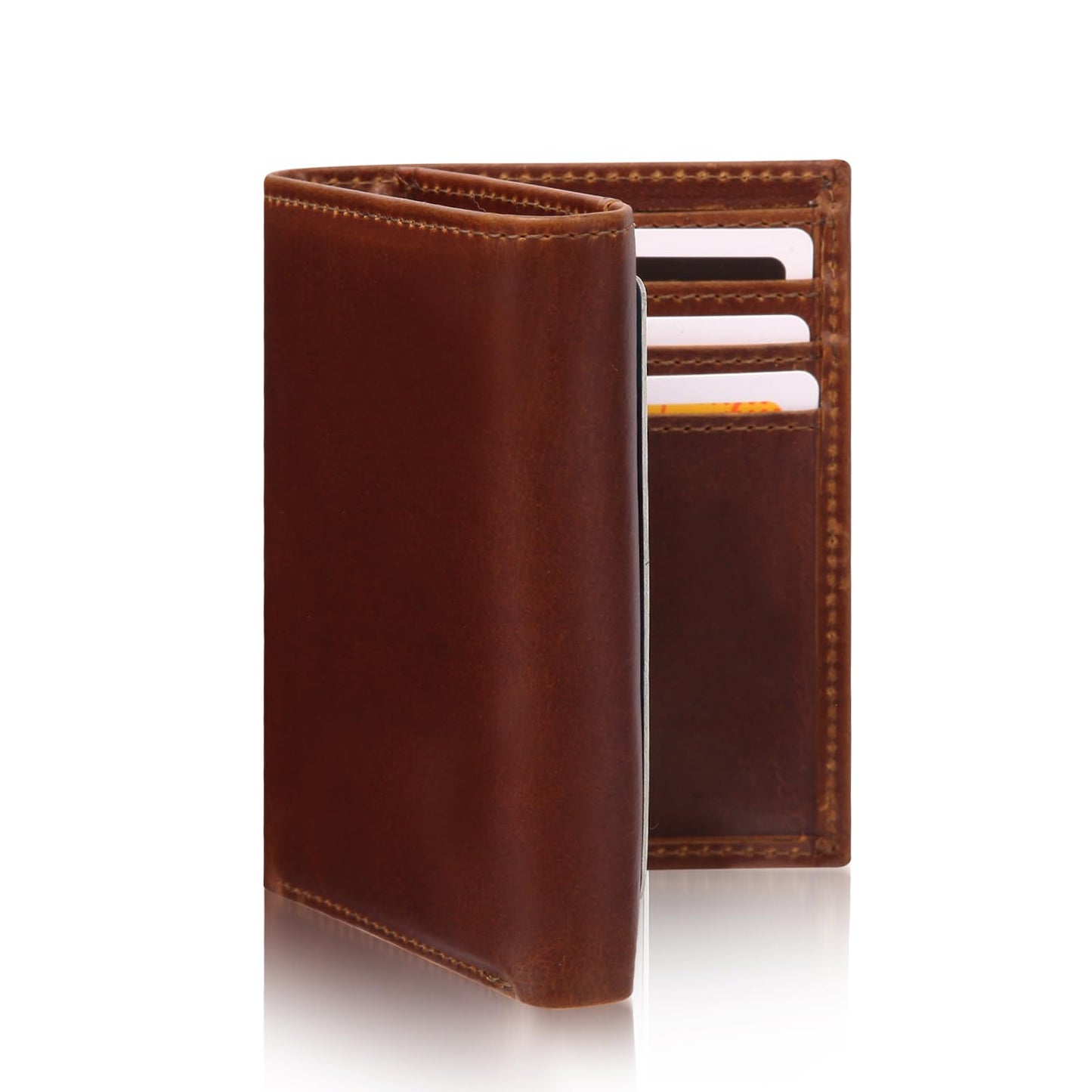 WULOUJIE Mens Trifold Wallet with 2 ID Window，Large-capacity Genuine Leather RFID Blocking Wallet for Men (Brown)