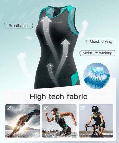 Santic Triathlon Suit for Women tri Suit Back Zipper One-Piece Swimsuits Quick-Dry with Padding(Green,M)