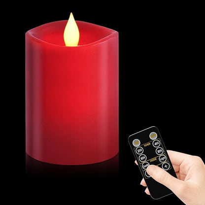 3x4 inch Red Flameless Candles: Realistic Flameless LED, Battery-Powered Pillar Candles with Remote & Timer, Fake Candles for Fall Decor, (Red, 3"*4"-1pcs)