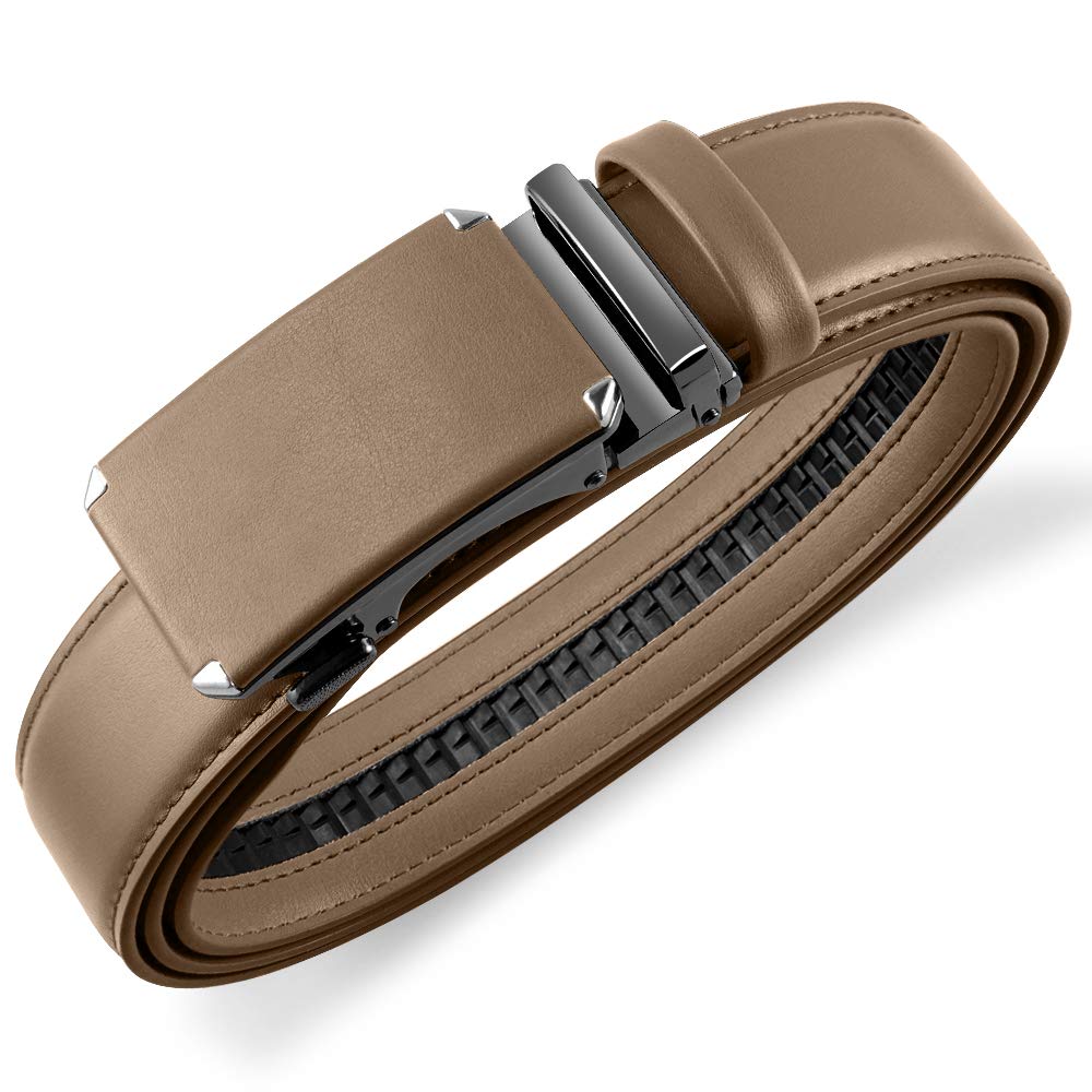 DOOPAI Men's Leather Ratchet Belt, Adjustable Belt in khaki with Sliding Length 28-36", Metal Buckle Cut to fit in the Gift BoX