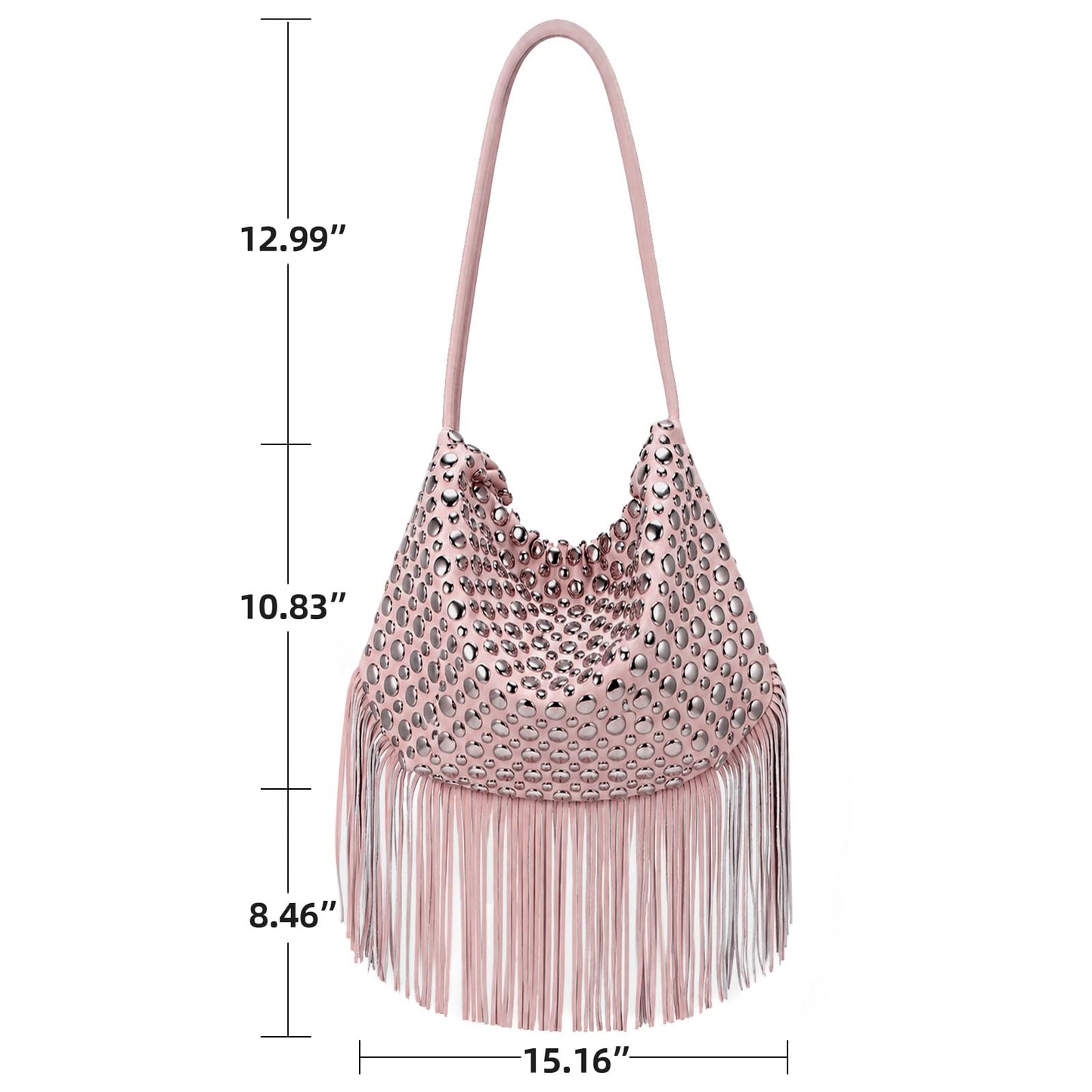 Gixuantang Leather Hobo Shoulder Bags for Women,Fringe Tassel Bucket Tote Handbag with Studded Silver Rivet in Daily Life (Pink)