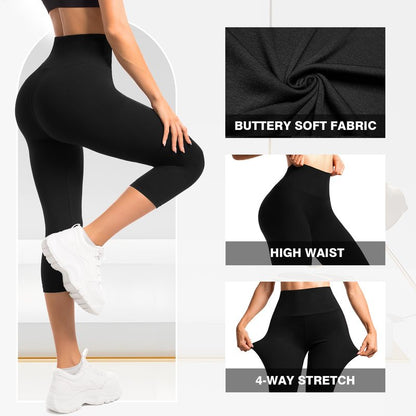 Leafigure 2-Pack Capri Leggings for Women, High Waisted Soft Yoga Pants for Gym Workout Black L-XL