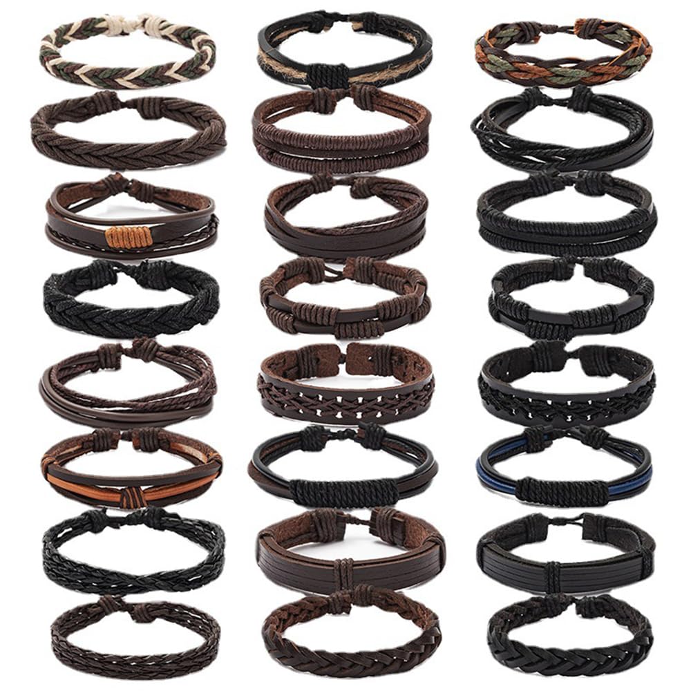 PINKPIN 24Pcs Adjustable Braided Leather Bracelets for Men Women Wrap Cuff Bracelet Cords Ethnic Tribal Handmade Wrap Wristband Bracelets Set