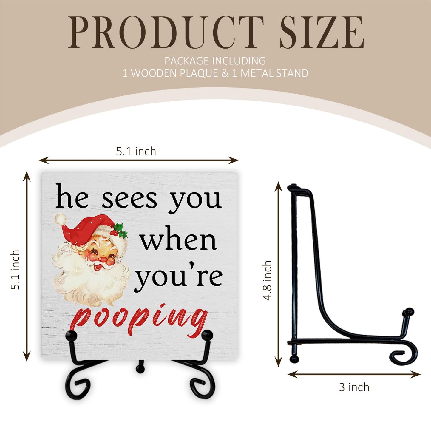 SkipTiger Funny Christmas Bathroom Wooden Desk Sign, He Sees You When You're Pooping Red Christmas Santa Wood Plaque With Stand for Bathroom Toilet Restroom Shelf Counter Decor