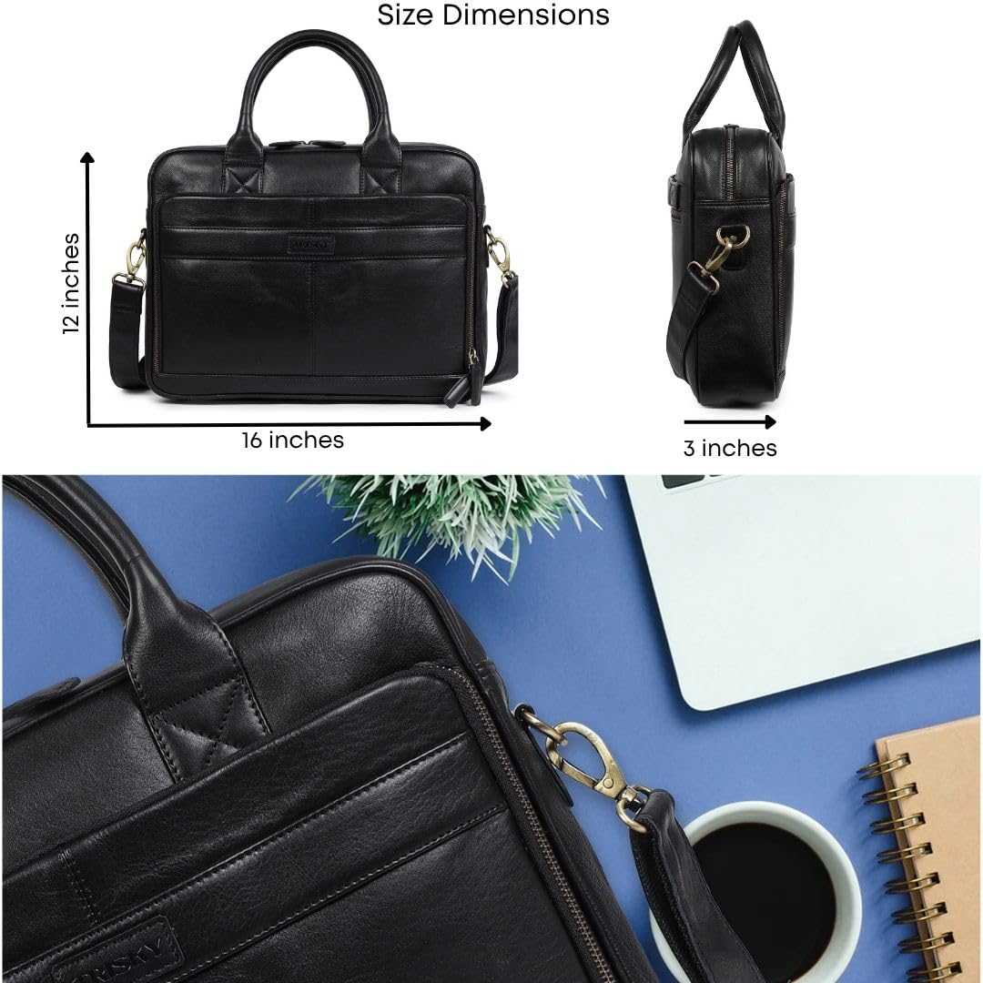 TRISKY Leather Laptop Bag For Men And Women - 16-inch Messenger Bag for Women Crossbody For Office Business Travel - Black Leather Briefcase for Men - Black
