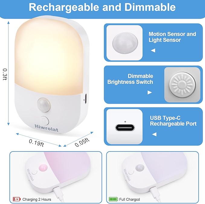 Night Light with Auto Motion Sensor, Rechargeable Battery, Type-C LED Stick-On Closet Light with Twilight Sensor, Adjustable Brightness, Warm White for Wall, Hallway, Stairs, Cabinet (2 Pack)