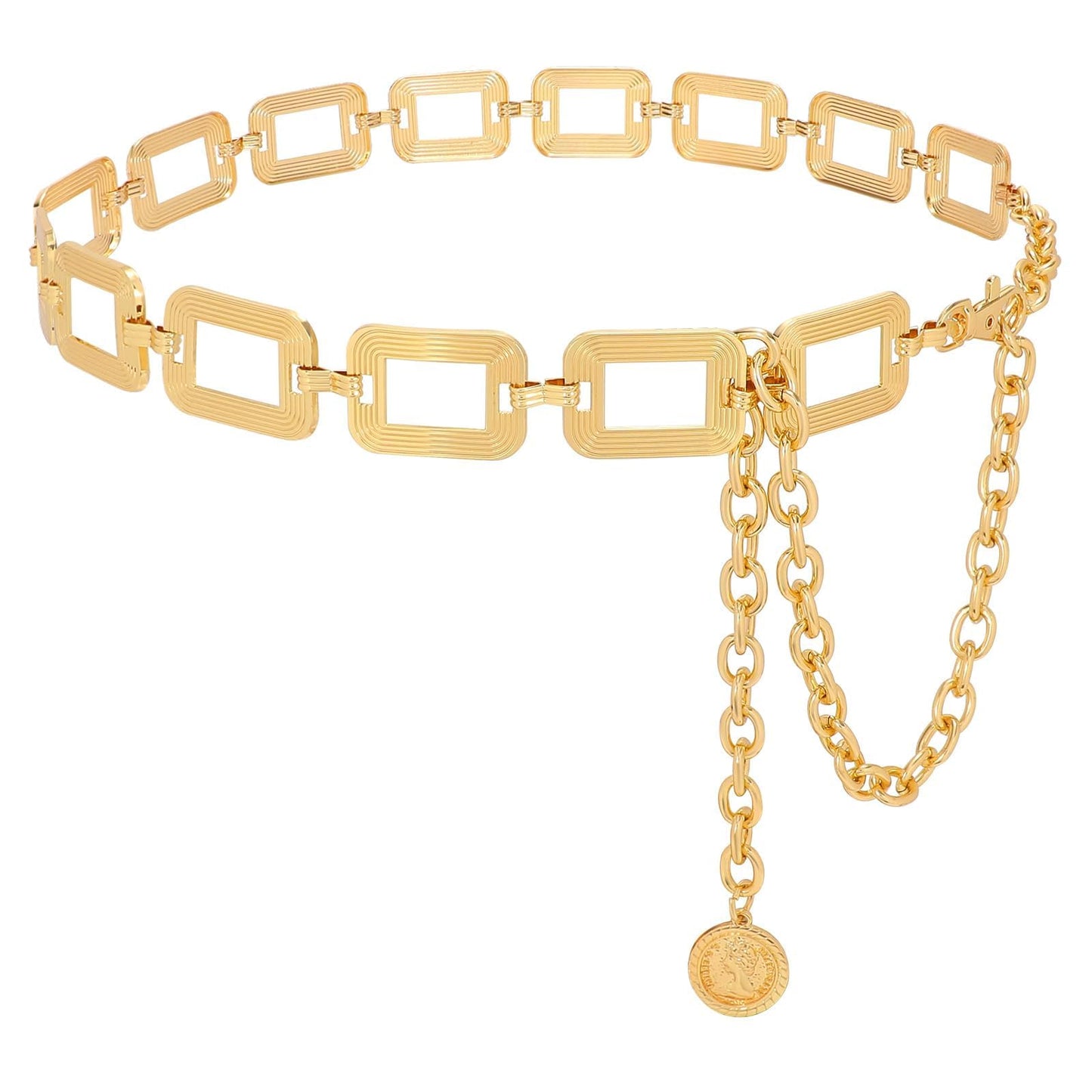 WHIPPY Metal Waist Chain Belt Women Adjustable Body Link Belts Ladies Fashion Chain for Jeans Dress, Gold Rectangle M