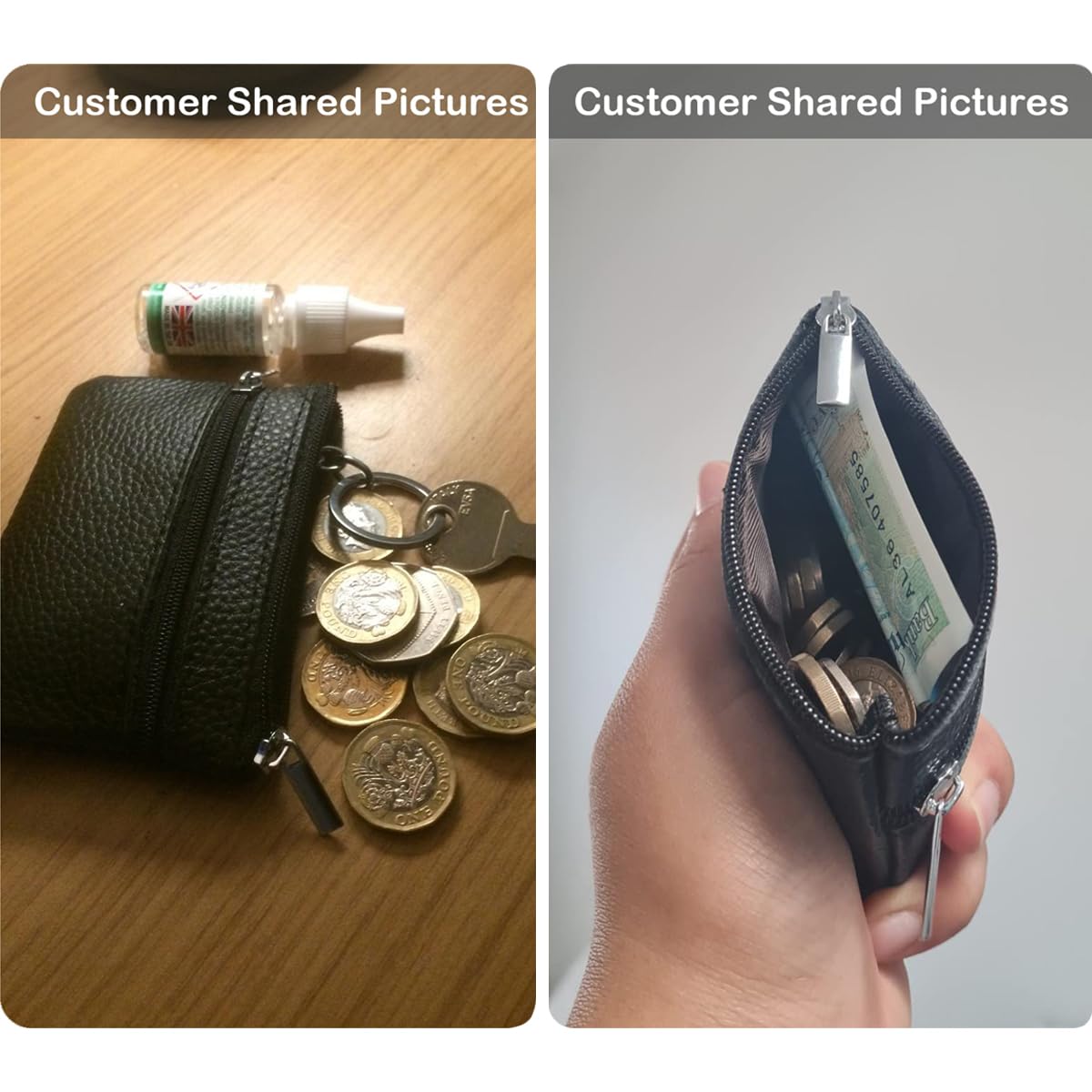 Hibate Black Small Mini Size Leather Coin Purse Change Pouch for Women Men Kids with Zip Key Ring