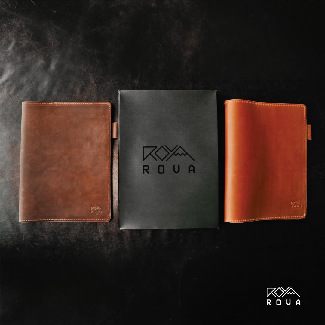 ROVA Full Grain Leather Notebook Journal Cover - Hand Crafted in the USA - Fits Moleskine XL (9.75" x 7.5") - Lay Flat Design with Pen Loop - Brown