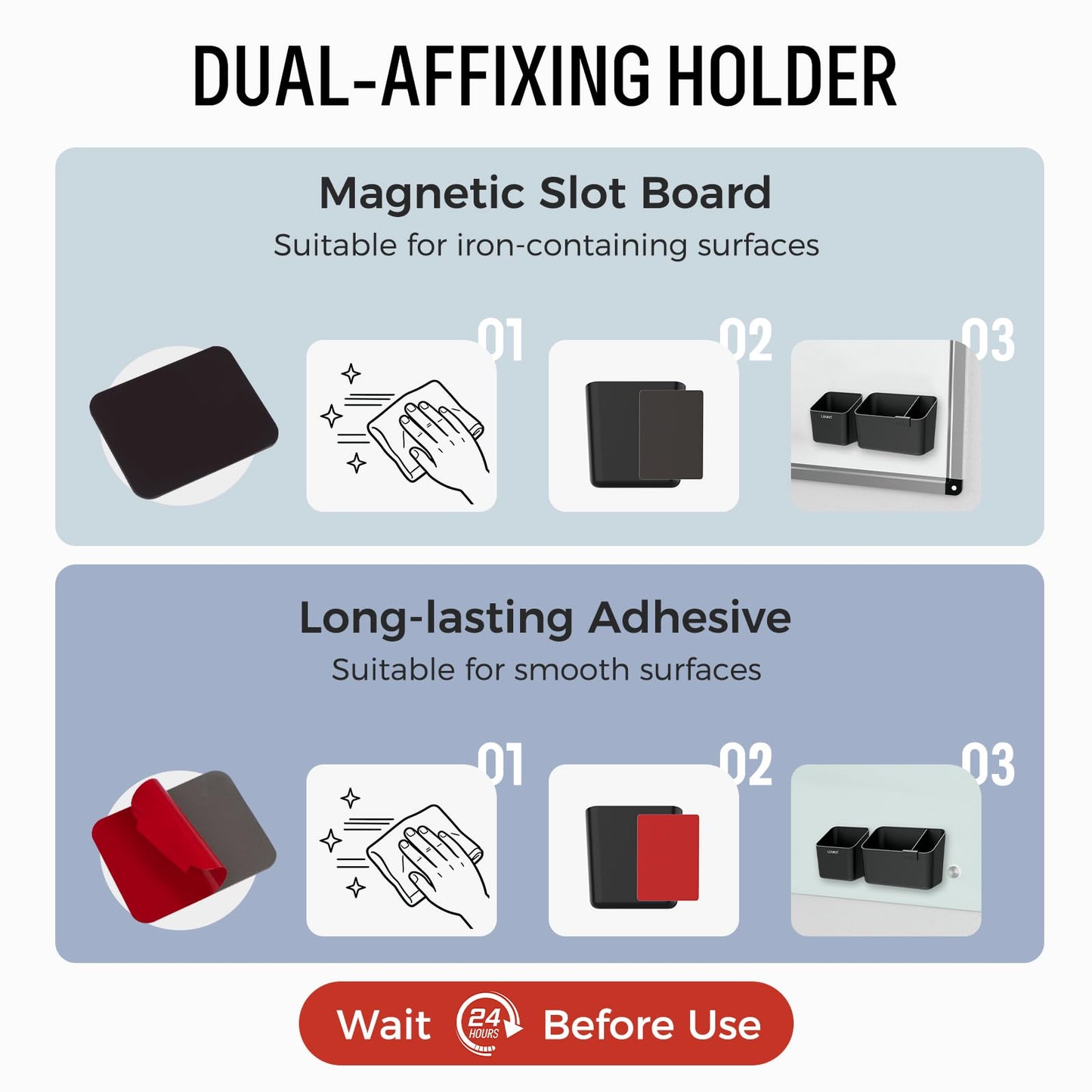 loukin Magnetic & Adhesive Dry Erase Marker Holder with Divider, 1 Small + 1 Mini, Magnetic Storage Organizer for Whiteboard or Refrigerators (Black)