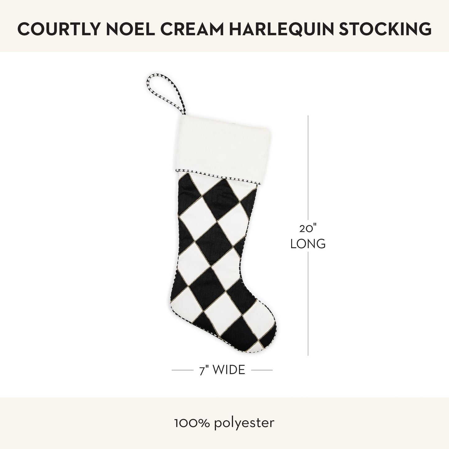 MACKENZIE-CHILDS Stocking, Decorative Polyester Holiday Stocking for Christmas, 7" x 20", Black-and-Off-White Courtly Noel Cream Harlequin