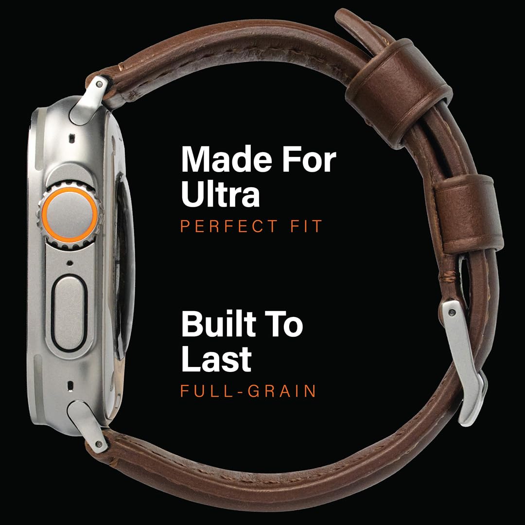 KORDIZ Traditional Leather Band for Apple Watch ULTRA 3 & ULTRA 2/1 [49mm] – Full-Grain Genuine Leather Replacement Strap for Men & Women – Classic Wristband Compatible with iWatch Ultra (Silver Titanium | Dark Brown)