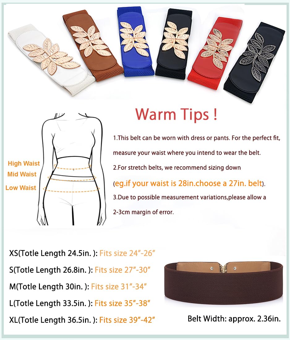 Women's Stretchy Belt for Dress Vintage Wide Gold/silver Leaf Buckle Waist Belts for women Elastic Waistband