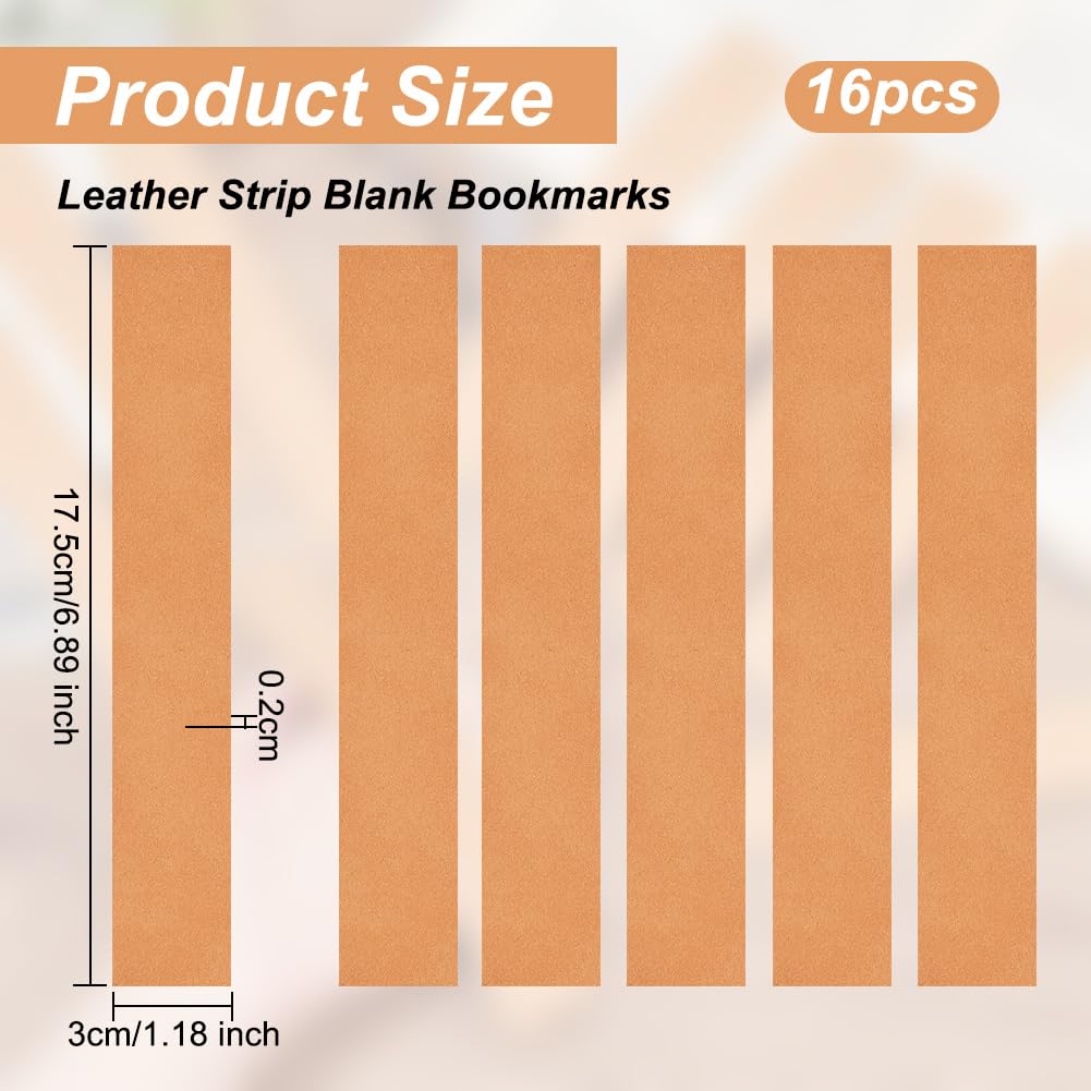 OLYCRAFT 16 Pcs Crafts Genuine Leather Bookmarks Leather Strip 2mm Thick Blank Bookmarks 6.9x1.2 inch Rectangle Leather Bookmark Genuine Leather Page Markers for Office Teacher Supplies