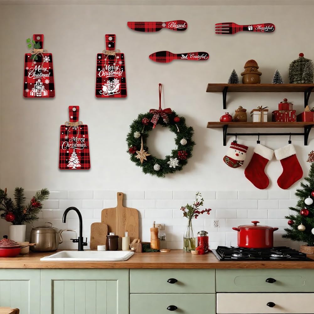 PH PandaHall 6pcs Christmas Wooden Sign, Red Plaid Christmas Kitchen Eat Sign Decorations Wall Decor Eat Art Hanging Fork Spoon Dining Signs for Home Kitchen Dining Living Room Bar Cafe