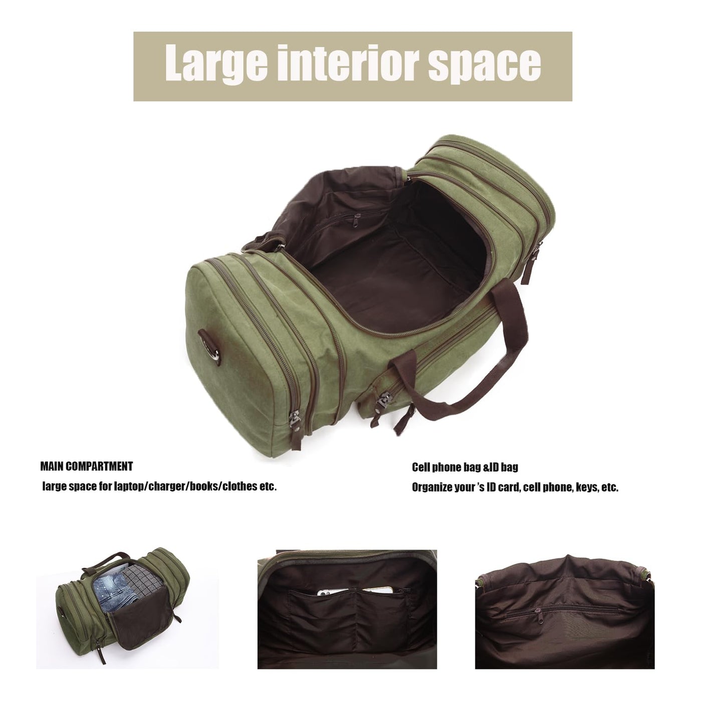 Travel bag large capacity men's luggage bag, expandable canvas leather 55 liters large capacity weekend hiking waterproof(green)