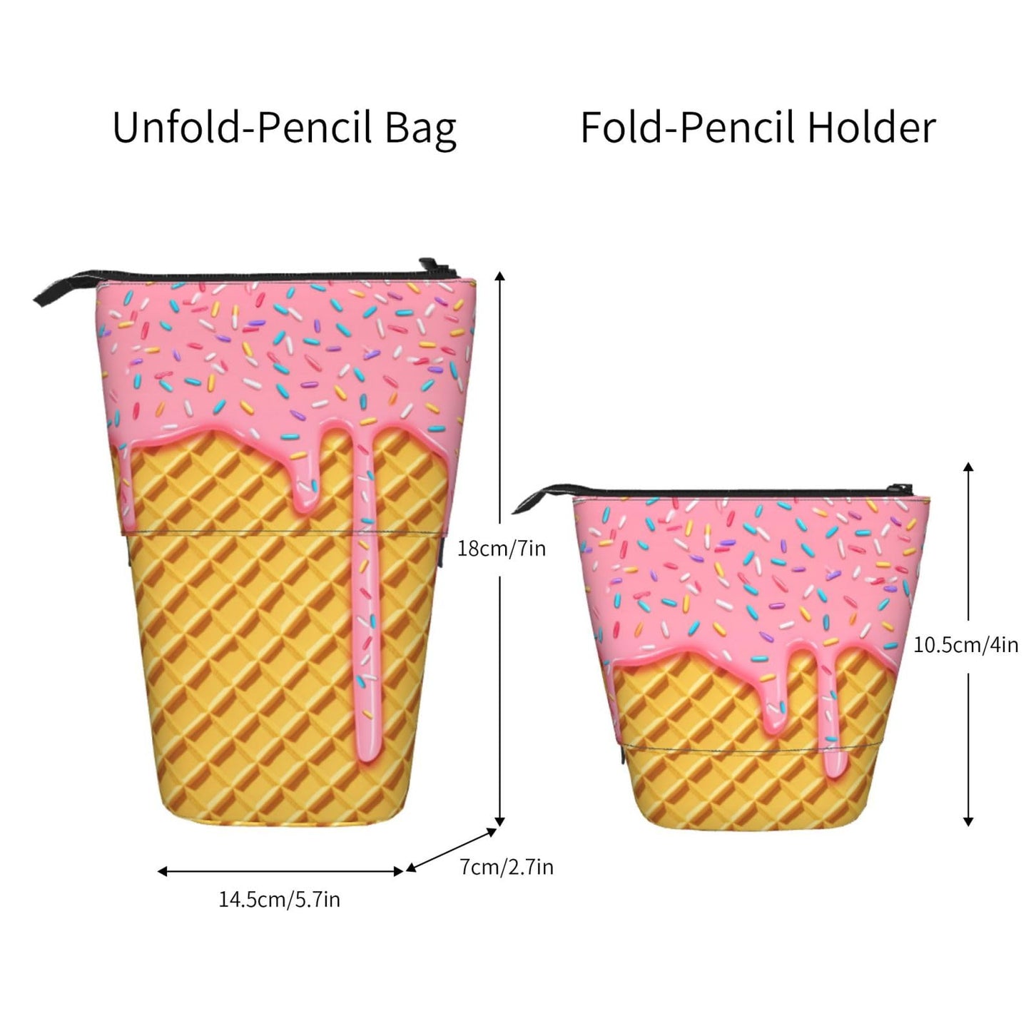 Tezmd Ice Cream Kids Standing Pencil Case Girls Boys Telescopic Stationary Pouch with Zipper Large Capacity Stand up Pen Bag Portable Makeup Holder for Children School Students Office Supplies