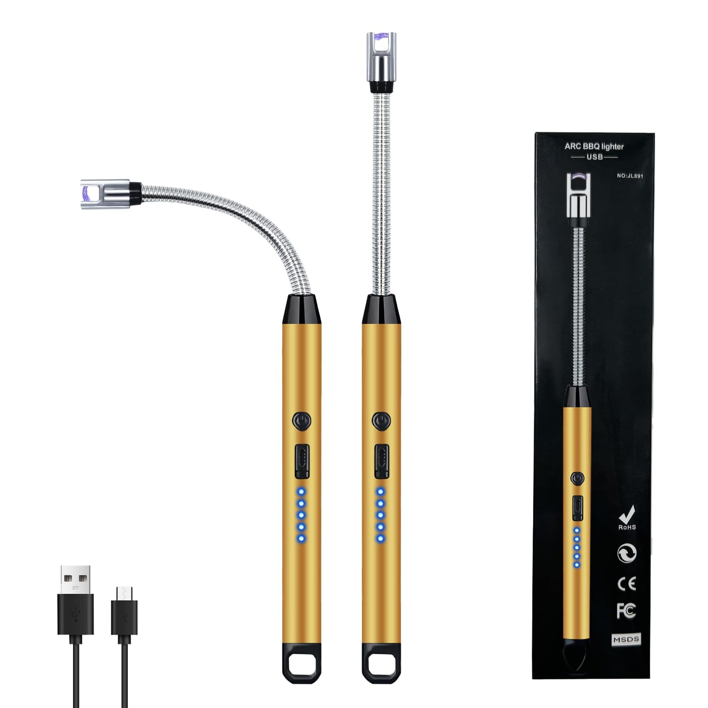 2 PCS Candle Lighter, Lighters for Candle Arc Windproof Flameless with 360° Flexible Neck & LED Power Display, Electric Lighter for BBQ, Grill, Camping, Fireplace, Stove(Gold)