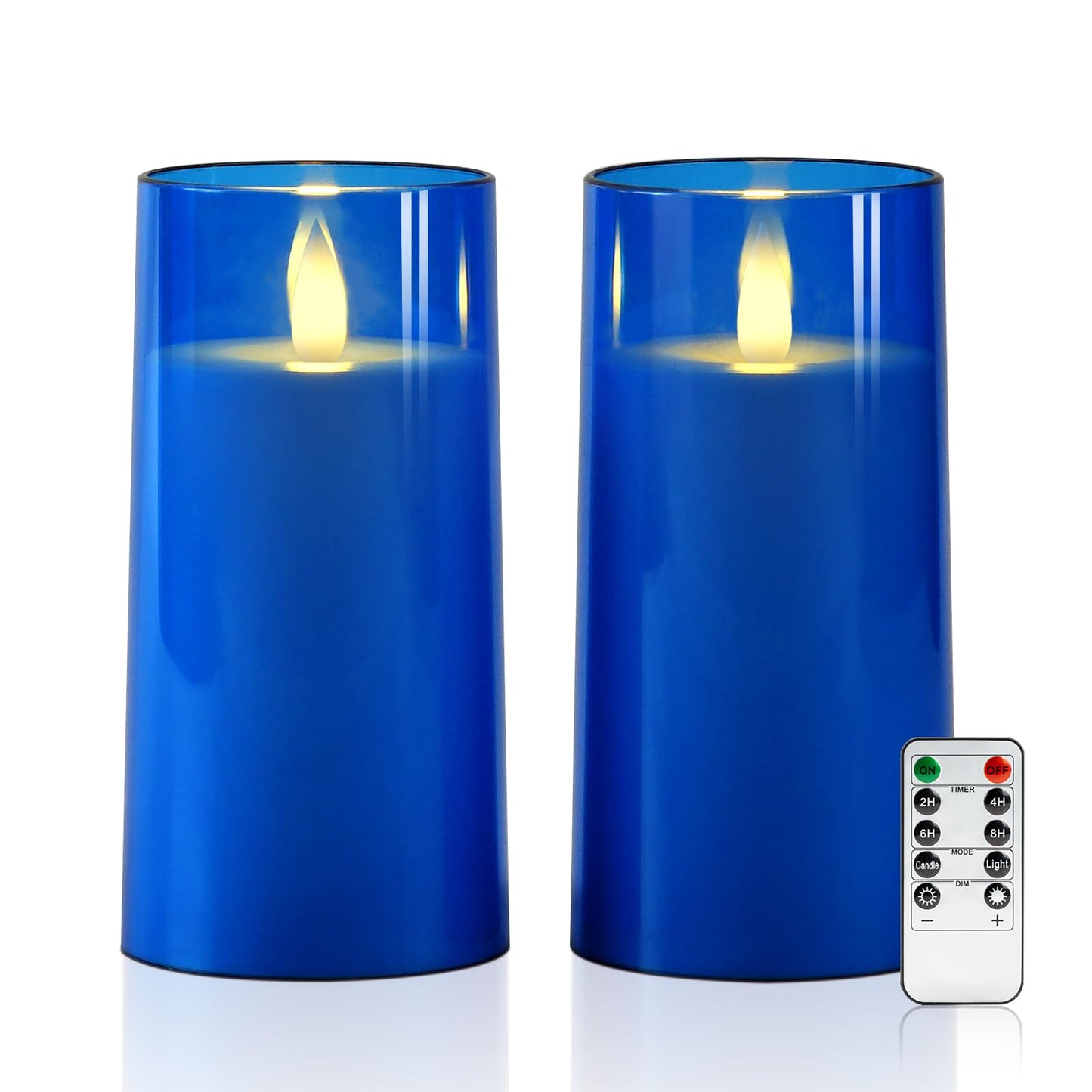 Raycare Flameless Electronic Pillar Candles with Remote Control and Timer- Battery Operated Realistic Flickering LED Fake Candle for Home, Wedding, Valentine's Day Decor,Blue,Set of 2(3"x6"6")
