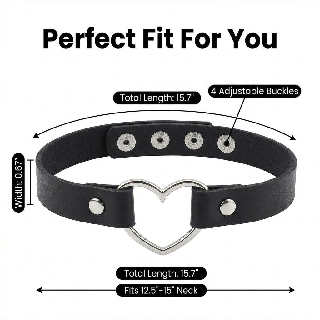 GlitterWe 2Pcs Pink Cute Sweet Y2K Adjustable PU Leather Choker, Black Punk Love Heart Collar Chain Goth Jewelry Necklace for Women
