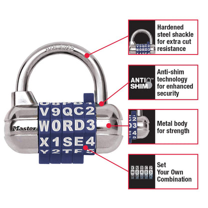 Master Lock Padlock, Set Your Own Word Combination Lock, 2-1/2 in. Wide, Black, 1534DBLK