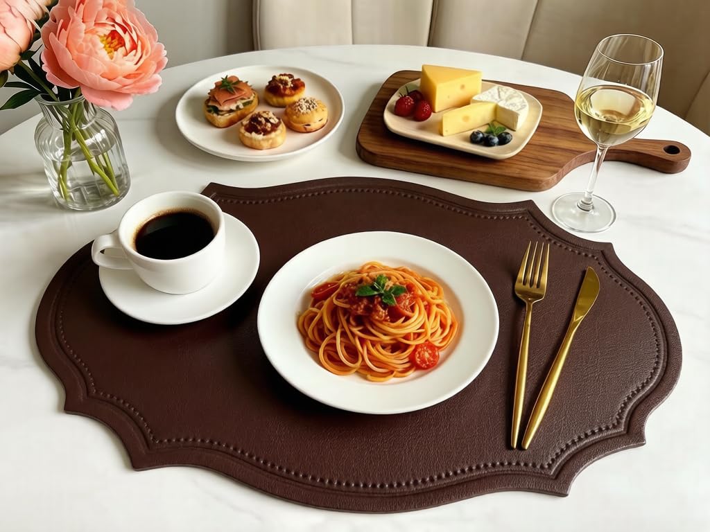 Double-Texture Faux Leather Oval Placemats Set of 6 Washable Heat Insulation Mats Watertight and Non-Slip for Home Kitchen 、Coffee Shops、Restaurants(Brown)