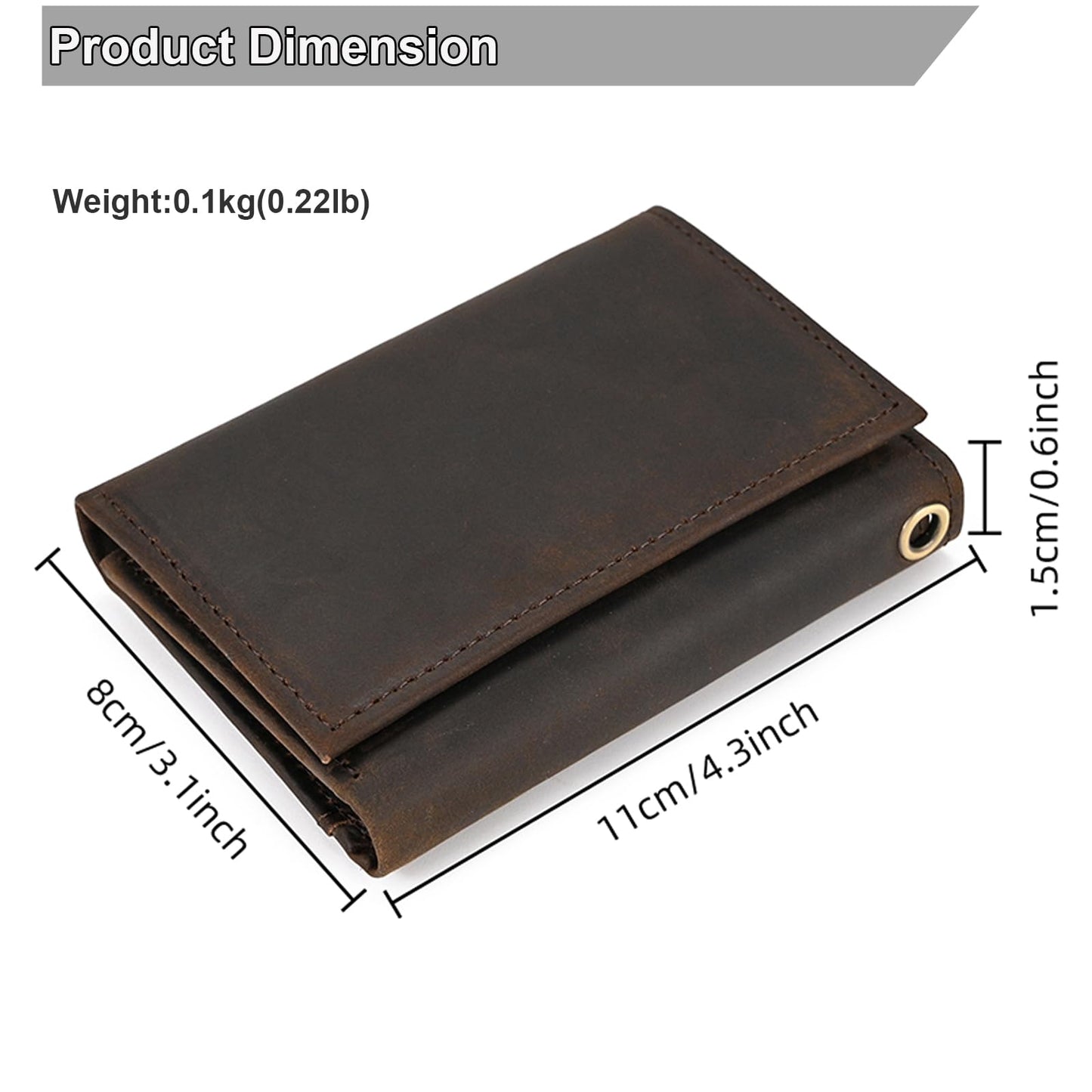 Yevabo Men's Full Grain Leather Trifold Wallet with Chain - Vintage Full Grain Leather Short Purse for Men with Multi-Card Slots, ID Window, Key Holder, Dark Brown