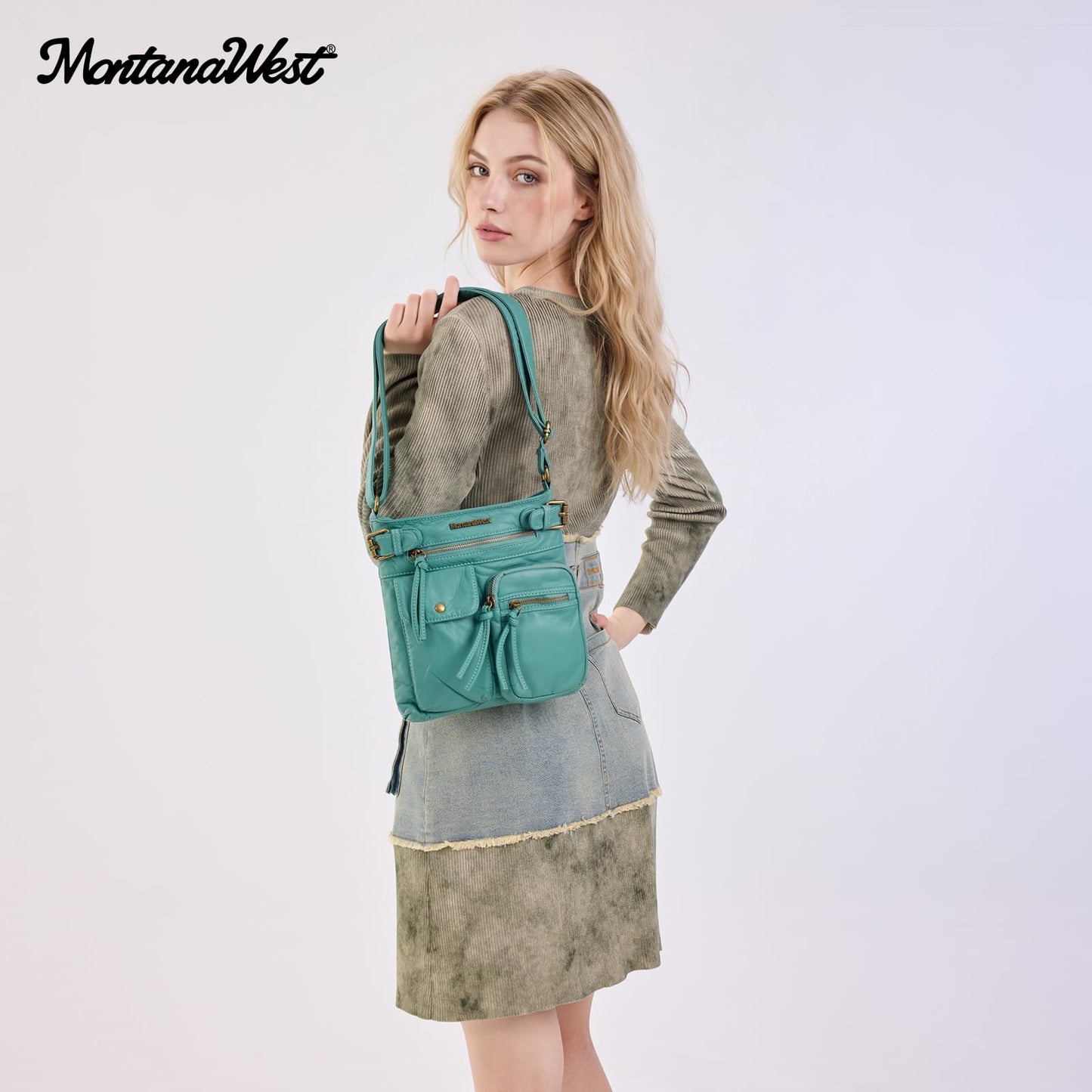 Montana West Crossbody Bag for Women Washed Soft Leather Multi Pocket Purses Vintage Women's Purses and Handbags Turquoise Gift MWC-046TQ