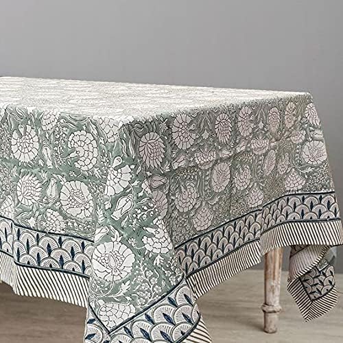 ATOSII Jade 100% Cotton Rectangle Summer Tablecloth, Block Print Floral Table Cloth Linen for Dining, Parties, Weddings, Outdoors I Grand Millennial Decor 60 X 108 Inches I 8 Seater I Memorial Day