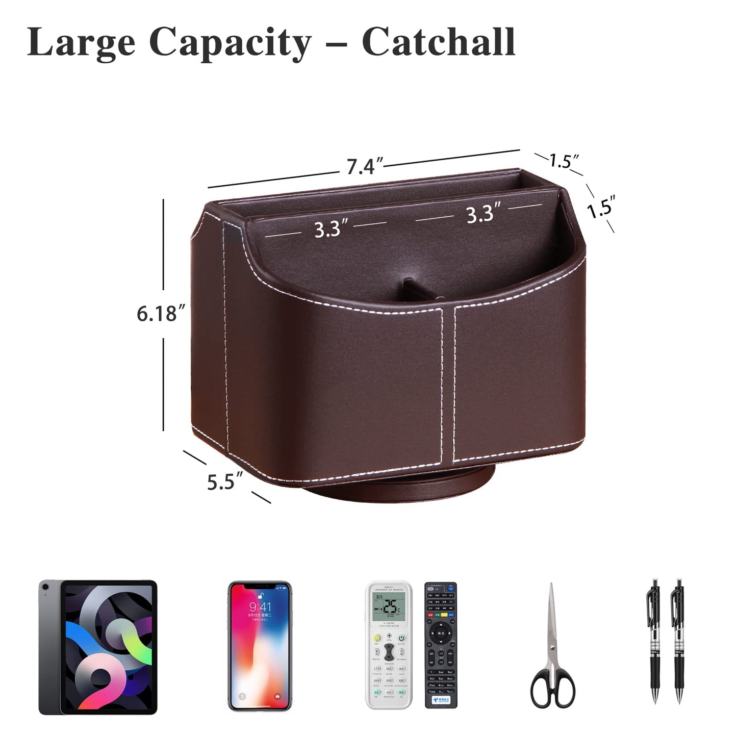 YAPISHI Leather Remote Control Holder, 360 Degree Spinning Desk TV Remote Caddy/Box, Coffee Table Organizer for Controller, Media, Calculator, Mobile Phone and Pencil Storage