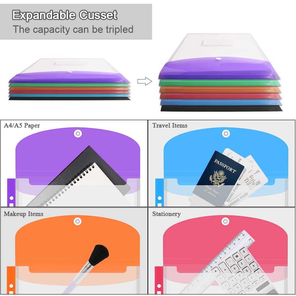 12 Pack Plastic Envelopes Binder Pocket 11 Holes Expandable Binder Folders for 2/3/4 Ring Document Pouch with Snap Button & Label Loose-Leaf Transparent for School Home Office (Vertical-Opening)