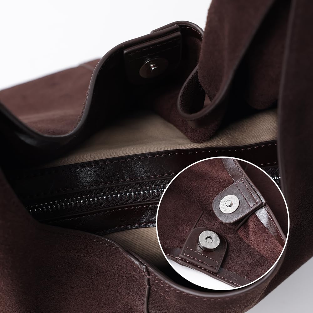 VAKAER Genuine Suede Leather Hobo Bag for Women, Slouchy Oversized Crescent Shoulder Tote Purse with Detachable Zip Pouch (Coffee)
