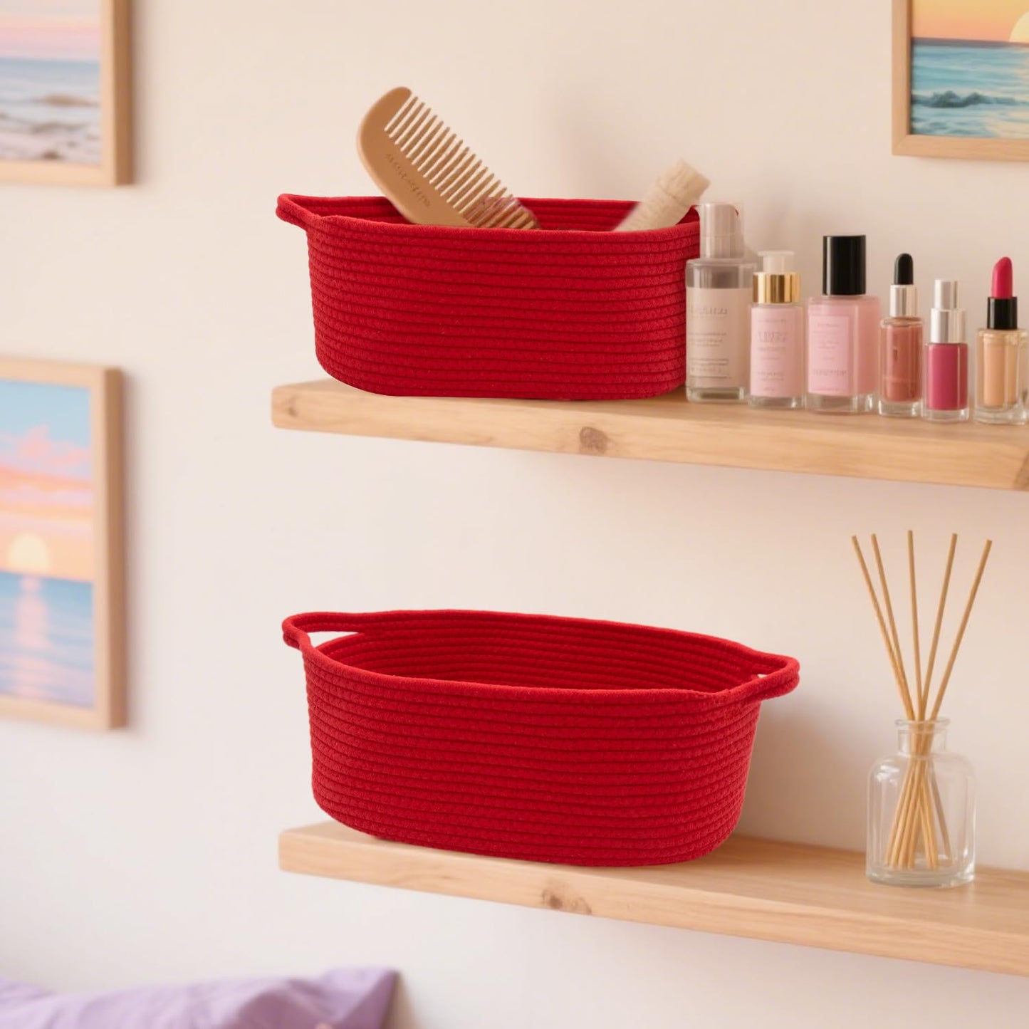 Woven Basket with Gift Bags and Ribbons, 14"X 10" X 6" Gift Storage Organizer Bin Shelf Shelves Cotton Rope Basket for Nursery, Pet Toys (Red)