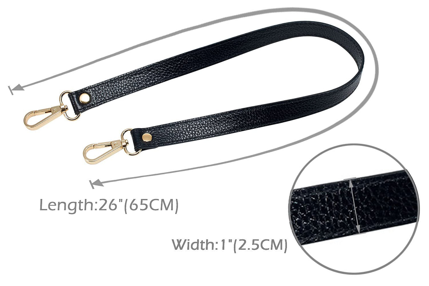 VanEnjoy Full Grain Leather Replacement Strap Shoulder Bag Purse, 0.98 inch Width Gold Hardware (Black)