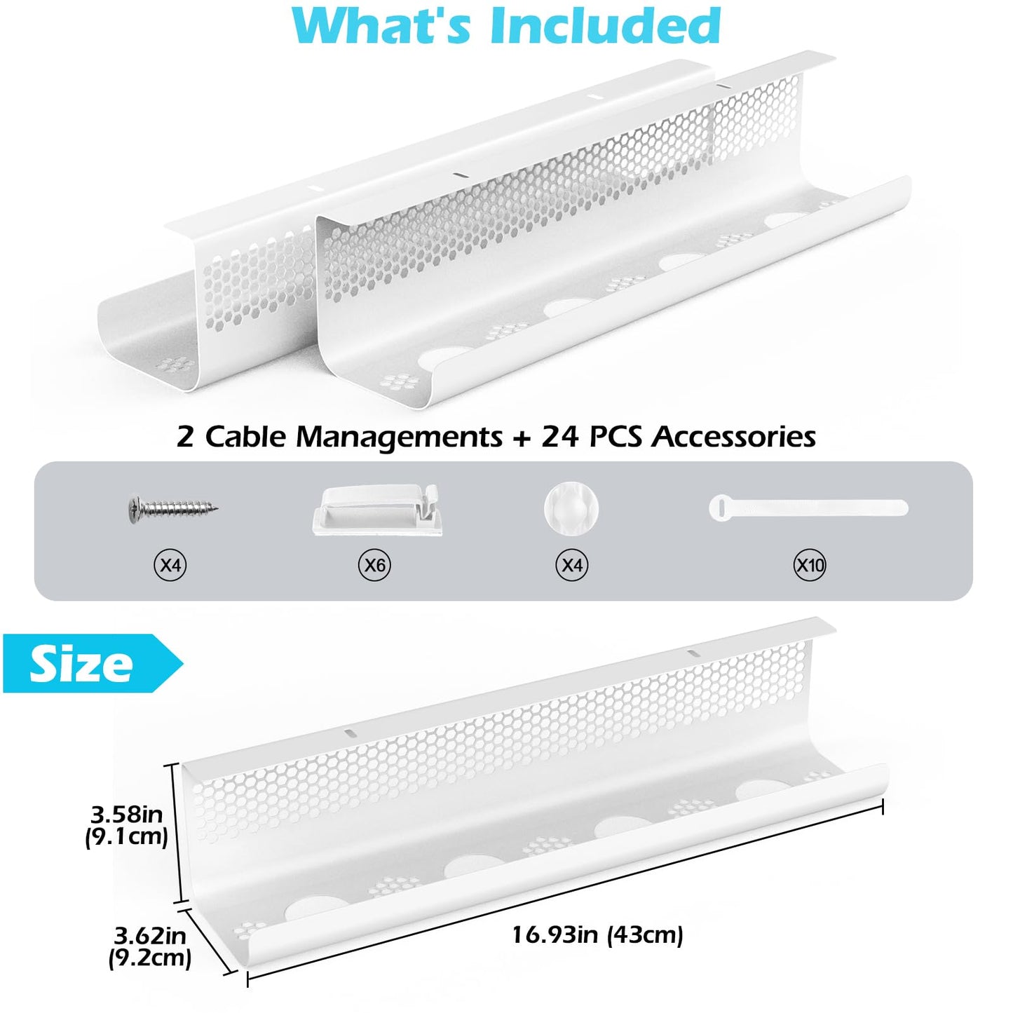 KHAMAL Cable Management Under Desk 26PCS - Cable Management Tray Kit Ventilated Hexagonal Design with Cable Clips, Wire Ties, Cord Holder & Screws for Office, Home - 2 White Sets