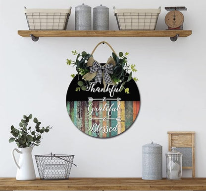 Thankful & Grateful & Blessed Front Door Sign Funny Wreaths Hanging Wooden Plaque Decoration Round Rustic Wood Farmhouse Porch Decor for Home Front Door Decor, 12 x 12 Inch