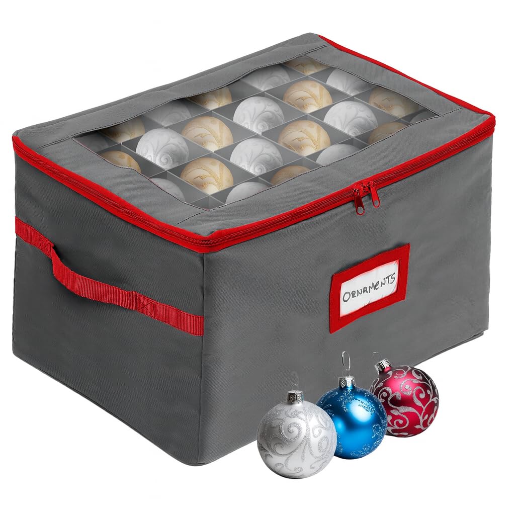 HOLDN’ STORAGE Christmas Ornament Storage Box with Dividers - Fits 96-3” Ornaments, 4 Removable Trays, Durable & Space-Saving, Clear Top Lid, Convenient Storage Designed, Grey