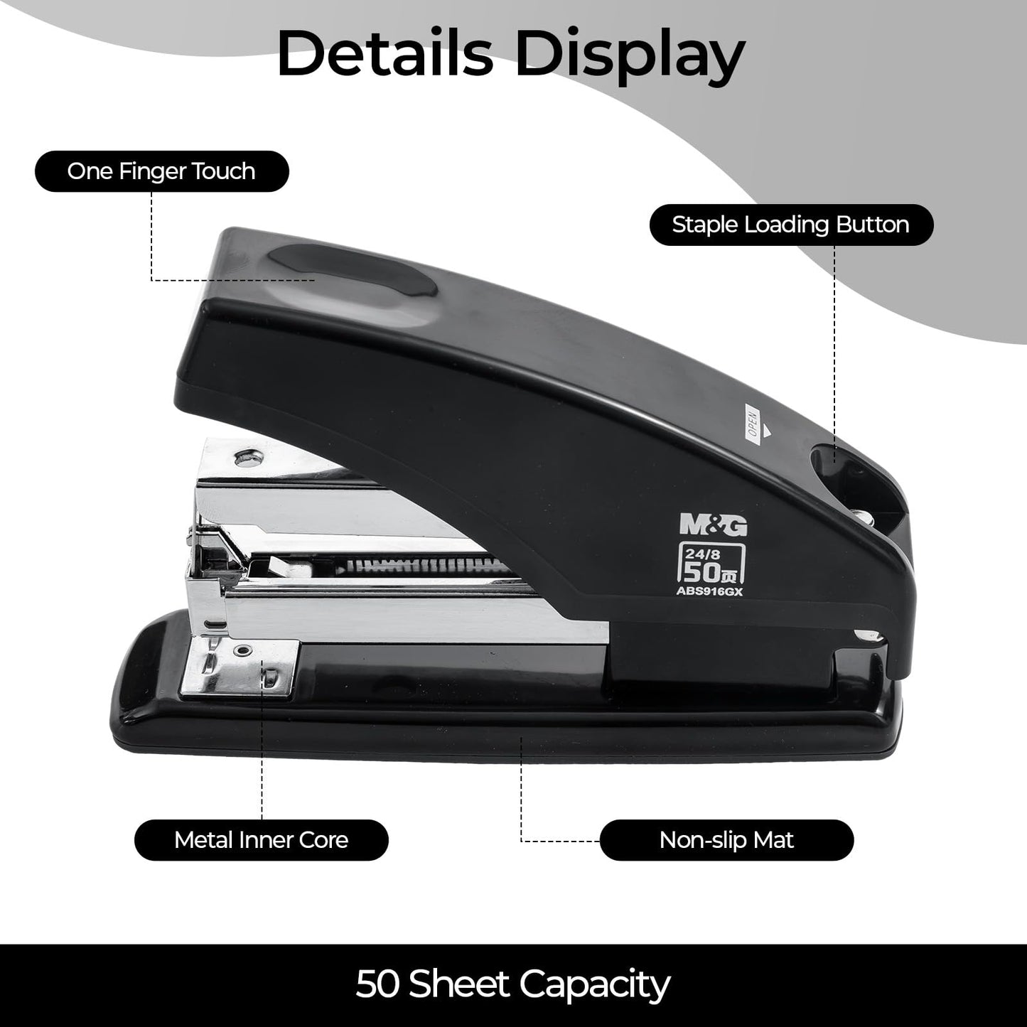 M&G Effortless Stapler for Desk, 50 Sheet Capacity, Heavy Duty Desktop Stapler with 1000 Staples & Staple Remover, One Finger Touch, Good for Office Home School, Black